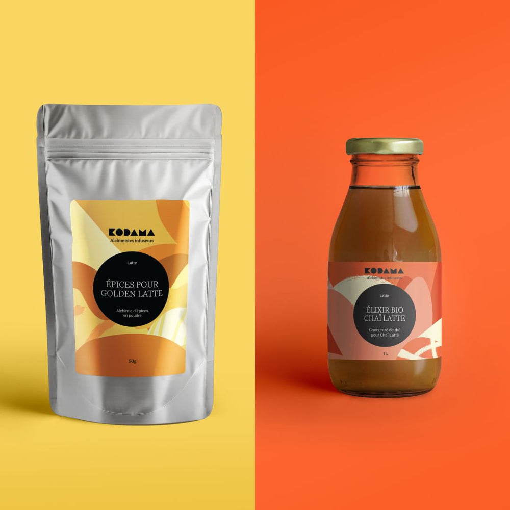 Thé noir bio, Épices – packshot bouteille et pochette – Création artisanale – Concentré pour Chaï Latte – Kodama Paris